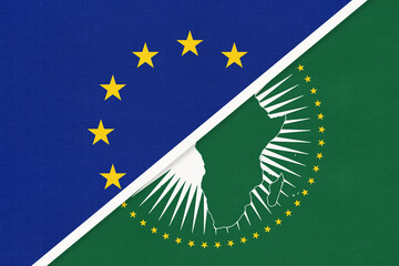 European Union or EU nd African Union national flag from textile. Symbol of the African continent.