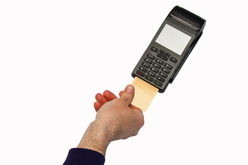 The hand holds a credit card on the payment terminal. Isolated on white background