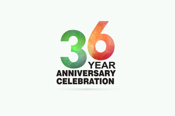 36 year anniversary celebration logotype with watercolor Green and Orange Emboss Style isolated on white background for invitation card, banner or flyer - vector