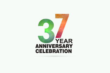 37 year anniversary celebration logotype with watercolor Green and Orange Emboss Style isolated on white background for invitation card, banner or flyer - vector