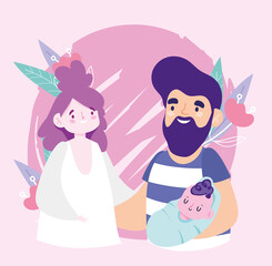 mother and father carrying a baby with flowers leaves, family day