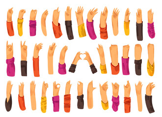 Human hand with collection of signs and hand gestures - ok, love, greetings, waving hands, phone and app control with fingers, fist up. Man and woman hands set