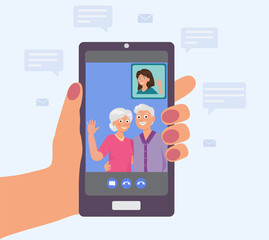Woman holds the phone in her hand and talks to her parents over a video call on the phone. Messages arround the phone