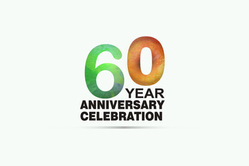 60 year anniversary celebration logotype with watercolor Green and Orange Emboss Style isolated on white background for invitation card, banner or flyer - vector