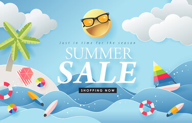 Summer sale design with paper cut beach island with summer elements  in blue sky background.Vector illustration template.