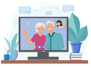 Elderly people talking, using video call on a computer monitor. Stay at home concept