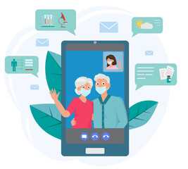 Stay at home concept. A woman is talking with her parents over a video call on the phone. They are wearing medical masks. Messages on various topics surround the phone