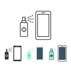 Sanitizing your phone for hygiene. Spraying antiseptic for disinfection smartphone. Flat outline icons of sanitizer for disinfection mobile phone. Vector illustration. Design on white background.EPS10