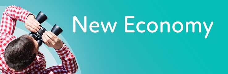 Fototapeta premium New Economy. Businessman (man) looks through binoculars. Birds eye view. Focus on text. Blue Background. Business, Finance, Statistics, Analysis, Economy