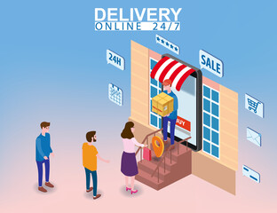 Delivery on Smartphone with online store, courier man delivers box parsel isometry