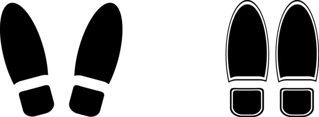 two sets of black shoeprint icons. On the left, the prints are angled outward,  prints are parallel with outlined shapes. simple and commonly used to depict footprints or directions.