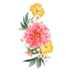 Naklejki  Piękny bukiet kwiatowy kompozycja z akwarela różowa piwonia i żółte kwiaty maku. Stockowa ilustracja