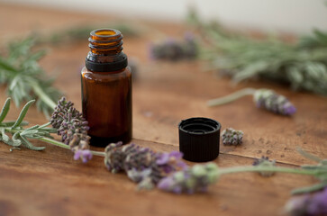 Fototapeta na wymiar Lavender Essential oil used for herbal medicine