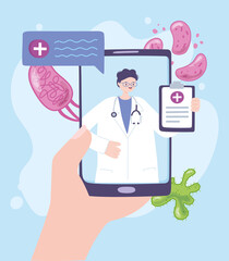 telemedicine, hand with smartphone video chat doctor, medical treatment and online healthcare services