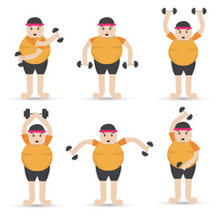 Fat man lifting dumbbell . Cartoon character for exercise. Vector illustration.
