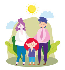 parents holding hand and daughter landscape, family day