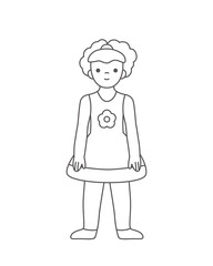 Cute little girl in beautiful dress. Vector coloring book