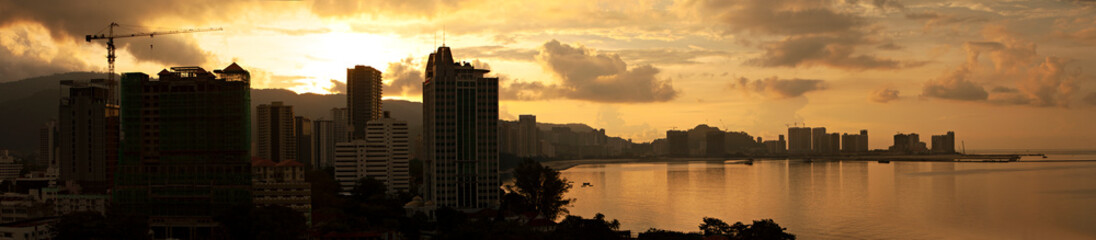 Sunset panorama with skyline of Penang city in Malaysia
