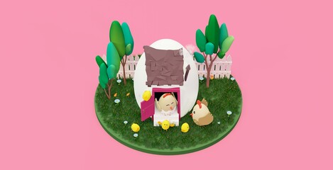 3d Congratulations and gifts for Easter illustration postcard, farm with chicken, home decor, illustration of chicken with chickens, mom dad kids easter, easter composition