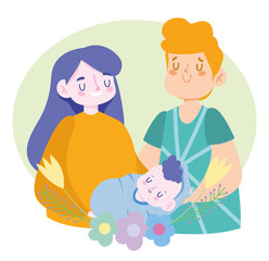 mother and father carrying a baby with flowers, family day