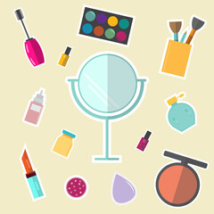Set of cosmetics stickers.Make up item.Vector illustration.