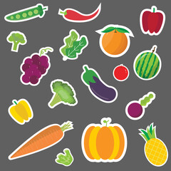 Set of fruits and vegetables stickers.Healthy food icons.Vector illustration.