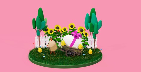 chicken carries a large festive egg in a basket with flowers, a chicken pulled into a cart, Easter composition with sunflowers 3d illustration, a large egg with chickens and flowers