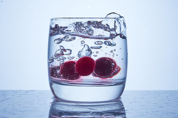Frozen cherries fall into a glass of water. Preparing a fresh drink.