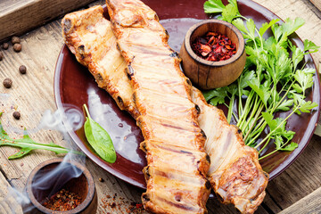 Smoked pork ribs on a plate