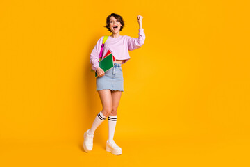 Full length body size view of her she nice attractive lovely cheerful cheery girl holding in hand...