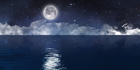 Full Moon reflecting in the water. Moonlight shinning on the sky full of stars. Great landscape with horizon. 