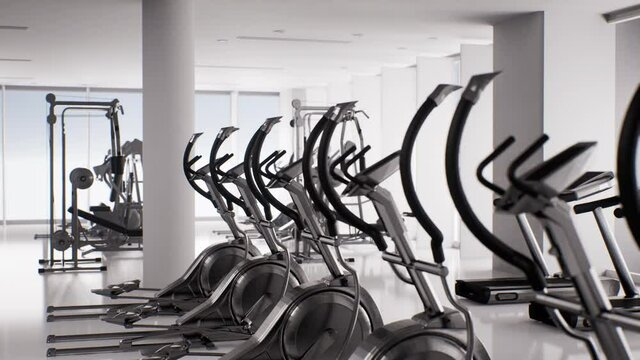 Empty gym interior with exercise equipment, modern white fitness design