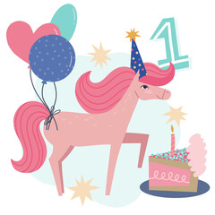 Fist birthday wishes hand drawn greeting card template. Cute horse character in party hat with balloons and birthday cake vector illustration.
