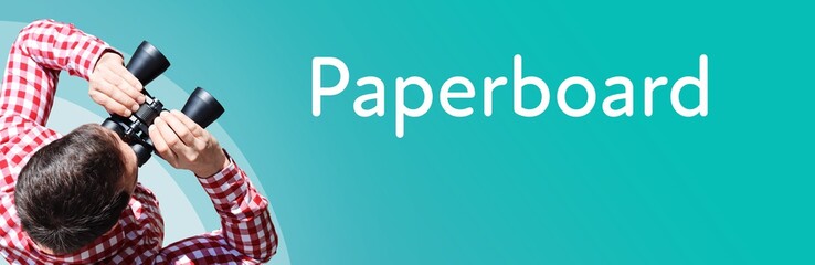 Naklejka premium Paperboard. Businessman (man) looks through binoculars. Birds eye view. Focus on text. Blue Background. Business, Finance, Statistics, Analysis, Economy