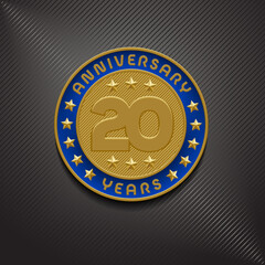 20 years anniversary vector logo, icon. Graphic symbol with golden medal
