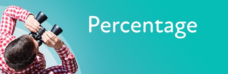 Naklejka premium Percentage. Businessman (man) looks through binoculars. Birds eye view. Focus on text. Blue Background. Business, Finance, Statistics, Analysis, Economy