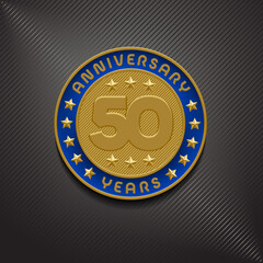 50 years anniversary vector logo, icon. Graphic symbol with golden medal