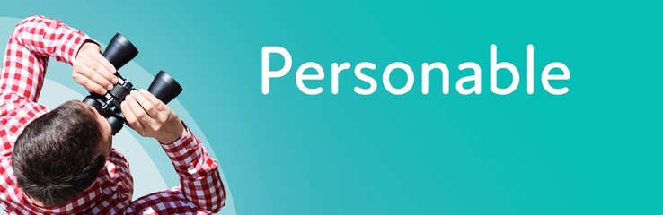 Naklejka premium Personable. Businessman (man) looks through binoculars. Birds eye view. Focus on text. Blue Background. Business, Finance, Statistics, Analysis, Economy