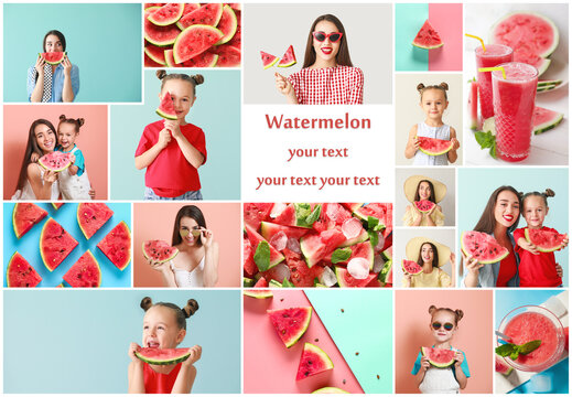 Collage of photos with young woman and cute girl eating fresh watermelon