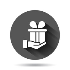 Gift box icon in flat style. Present on black round background with long shadow effect. Surprise circle button business concept.