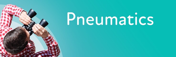 Naklejka premium Pneumatics. Businessman (man) looks through binoculars. Birds eye view. Focus on text. Blue Background. Business, Finance, Statistics, Analysis, Economy