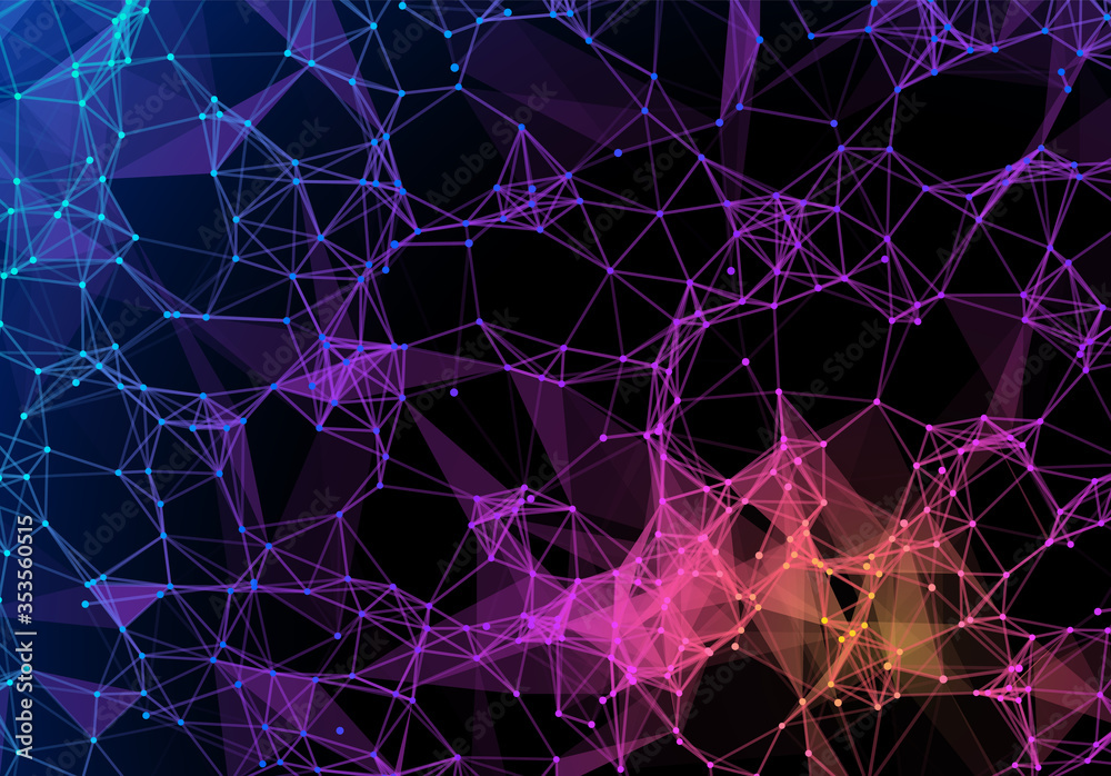 Poster blue and purple vibrant triangular grid in futuristic technology style on dark background