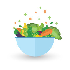 Salad with bowl.Green vegetables healthy food.Vector illustration.