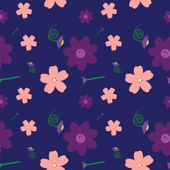 Seamless pattern with abstract flowers with notes in the middle, floral french horns and pipes on dark blue background. Concepts: natural, music in the air, summer, spring, nature, blossom