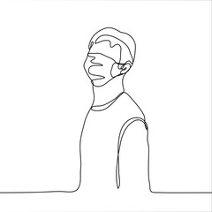 A man is standing in a protective medical mask. One continuous line drawing a guy threw his head back and looks into the distance, he is wearing a protective mask. Can be used for animation.