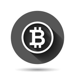 Bitcoin icon in flat style. Blockchain vector illustration on black round background with long shadow effect. Cryptocurrency circle button business concept.