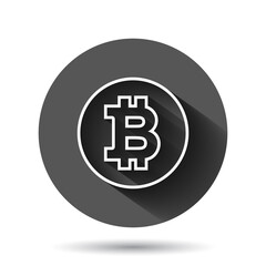 Bitcoin icon in flat style. Blockchain vector illustration on black round background with long shadow effect. Cryptocurrency circle button business concept.