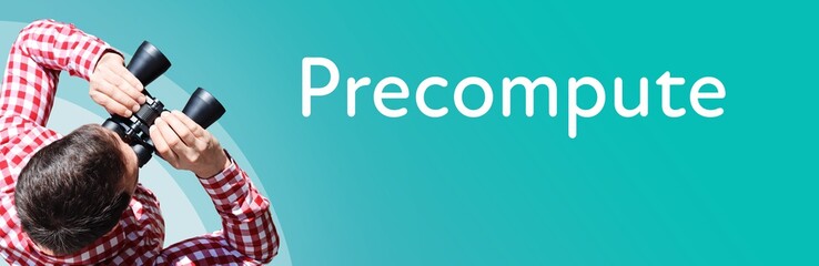 Naklejka premium Precompute. Businessman (man) looks through binoculars. Birds eye view. Focus on text. Blue Background. Business, Finance, Statistics, Analysis, Economy