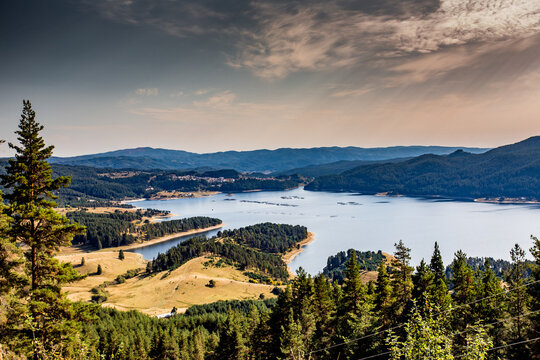 Aerial view of Dospat reservoir,a favorite place of Bulgarian nature. Quiet, peaceful and very beautiful,good for fishing. The Magic of the Rhodope Mountains.
