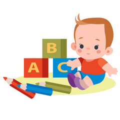 boy sits among cubes with letters and pencils, flat, isolated object on white background, vector illustration,